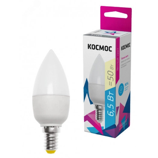 Лампа светодиодная LED 6.5Вт Свеча 220В Е14 D37х100 3000К теплый 520 лм