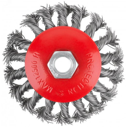 Корщетка-колесо с наклоном, гайка М14, стальная витая проволока 100 мм