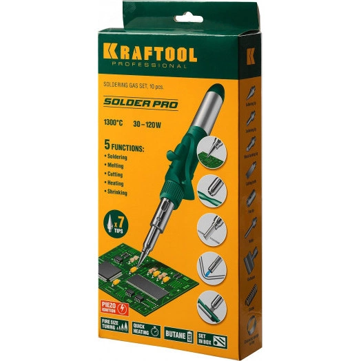 Газовый паяльник SolderPro 120K, набор 10-в-1, 30-120 Вт, горелка, фен, пьезоподжиг, 1300°С