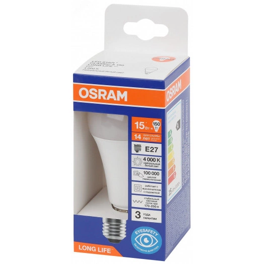 Лампа светодиодная LED 15Вт Е27 4000К 1521Лм груша 220В (замена 150Вт) OSRAM