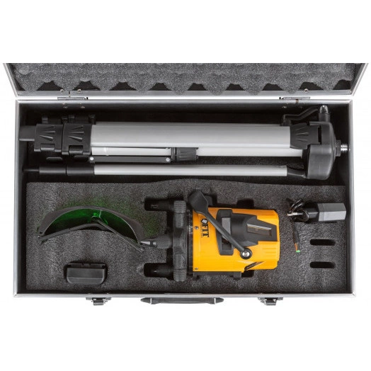 Уровень лазерный самоуспокаивающийся, зеленые лучи, горизонталь + 4 вертикали, диапазон 20 м, Li-Ion аккум., 2 уровня яркости, тренога, алюминиевый кейс