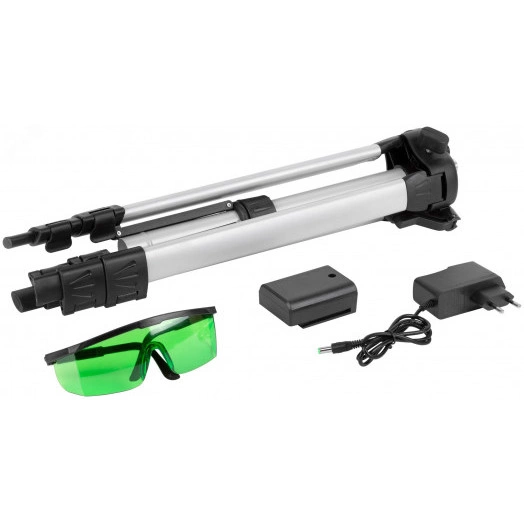 Уровень лазерный самоуспокаивающийся, зеленые лучи, горизонталь + 4 вертикали, диапазон 20 м, Li-Ion аккум., 2 уровня яркости, тренога, алюминиевый кейс