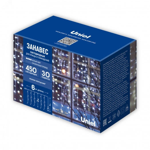 Занавес светодиодный с эффектом мерцания 6х3м Соединяемый 450 светодиодов Провод прозрачный ULD-C6030-450/TTK WHITE IP44