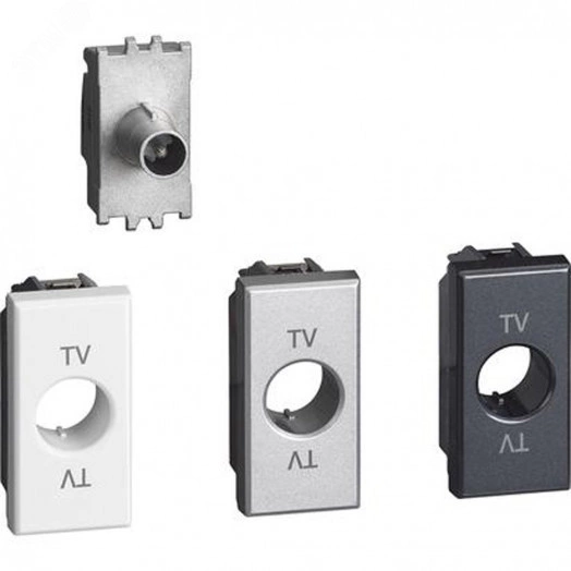 Axolute. Розетка TV для схемы «звезда''. Штыревой разъем 9,5 мм, экранированная. 1 модуль. Поставляется в комплекте с лицевыми панелями цветов ''Белый'', ''Алюминий'', ''Антрацит''.