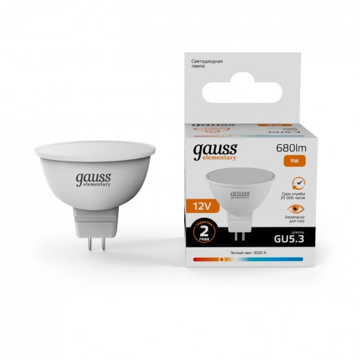 Лампа светодиодная LED 9 Вт 680 лм 3000К DC12В GU5.3 софит MR16 теплая Низковольтная Elementary