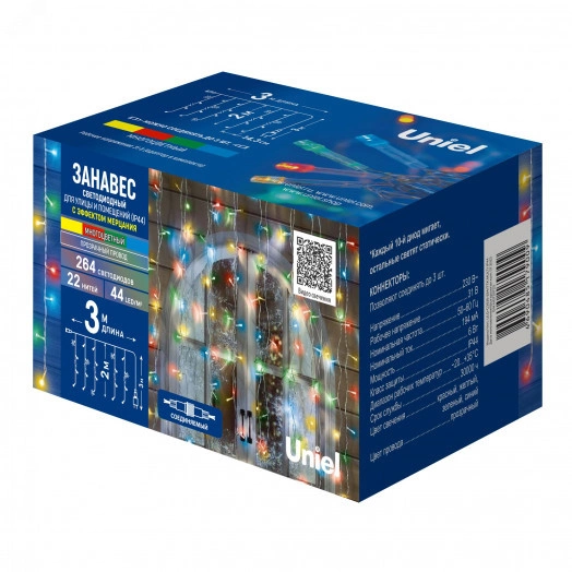 Занавес светодиодный с эффектом мерцания 3х2м 264 светодиода Разноцветный свет Провод прозрачный ULD-C3020-264/TTK MULTI IP44