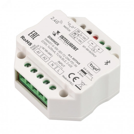 Диммер SMART-0-10V-301-72-DIM-PD-IN (230V, 1x20mA, TUYA BLE, 2.4G) (IARL, IP20 Пластик, 5 лет)