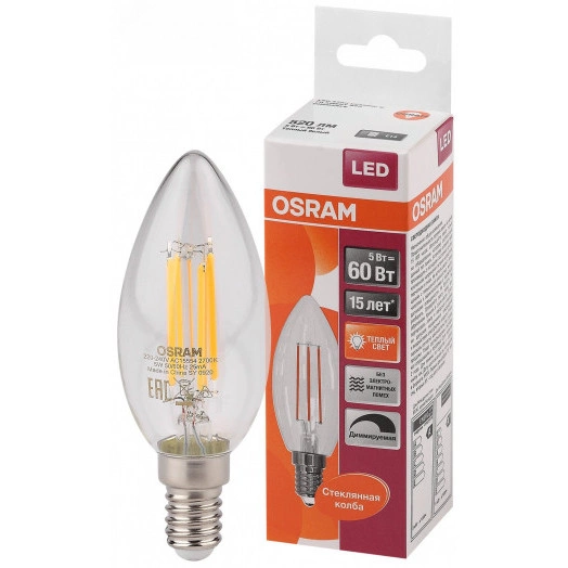 Лампа светодиодная LED 5Вт E14 CLB60D тепло-бел, Filament диммируемая,прозр.свеча OSRAM