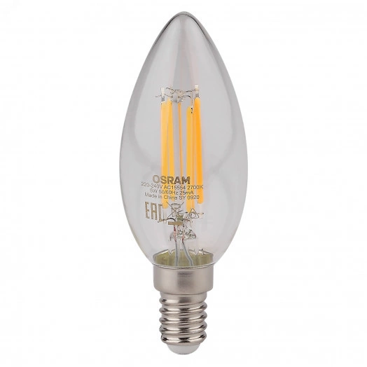 Лампа светодиодная LED 5Вт E14 CLB60D тепло-бел, Filament диммируемая,прозр.свеча OSRAM