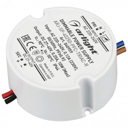 Блок питания ARJ-SP-40250-PFC-TRIAC-R (10W, 27-40V, 250mA) (IP44 Пластик, 5 лет)