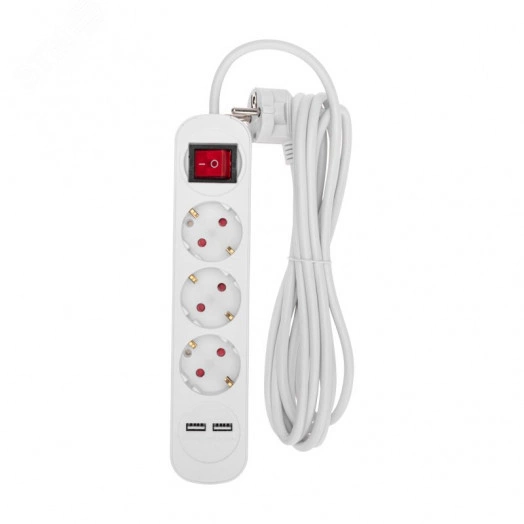 Удлинитель STANDARD 3 гнезда, 3 м, 3х1,0 мм2, с/з, с выключателем, 2 USB, белый