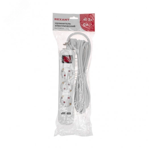 Удлинитель STANDARD 3 гнезда, 3 м, 3х1,0 мм2, с/з, с выключателем, 2 USB, белый