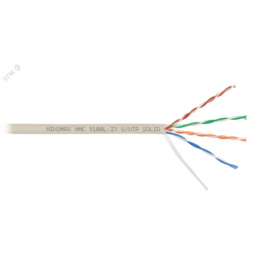 Кабель U/UTP 4 пары, Кат.5e (Класс D), тест по ISO/IEC, 100МГц, одножильный, BC (чистая медь), 24AWG (0,52мм), полимерный материал нг(А)-LSLTx, внутренний, светло-серый, 305м