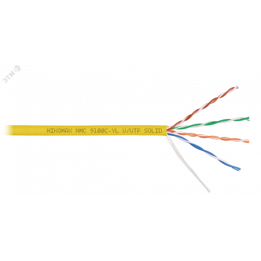 Кабель U/UTP 4 пары, Кат.5e (Класс D), тест по ISO/IEC, 100МГц, одножильный, BC (чистая медь), 24AWG (0,52мм), полимерный материал нг(А)-HF, внутренний, желтый, 305м