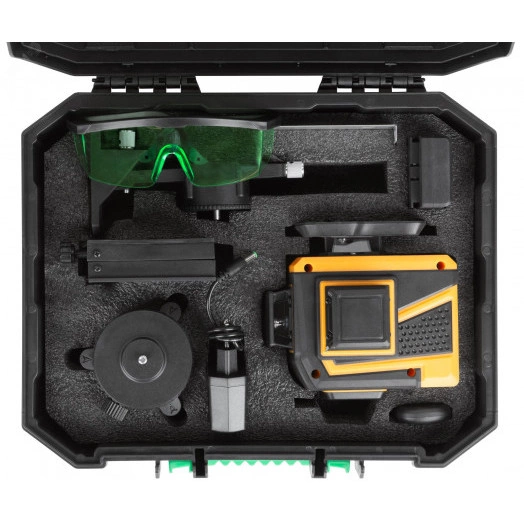 Уровень лазерный самоуспокаивающийся, зеленые лучи, 3 плоскости 360 гр., диапазон 20 м, Li-Ion аккум., 2 уровня яркости, без треноги, платформа для подъема, пульт управления, пластиковый кейс