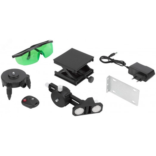 Уровень лазерный самоуспокаивающийся, зеленые лучи, 3 плоскости 360 гр., диапазон 20 м, Li-Ion аккум., 2 уровня яркости, без треноги, платформа для подъема, пульт управления, пластиковый кейс