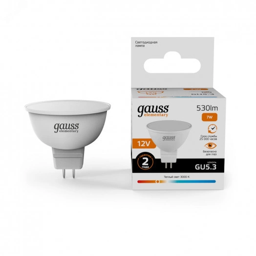 Лампа светодиодная LED 7 Вт 530 лм 3000К DC12В GU5.3 софит MR16 теплая Низковольтная Elementary