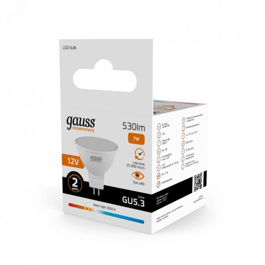Лампа светодиодная LED 7 Вт 530 лм 3000К DC12В GU5.3 софит MR16 теплая Низковольтная Elementary