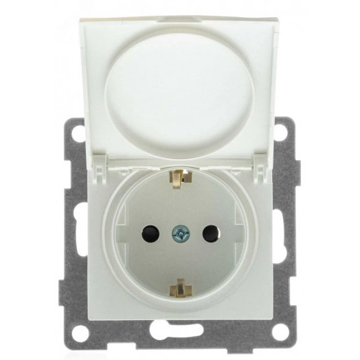 GUSI Ugra МЕХАНИЗМ Розетки одинарной с заземлением с защитной шторкой и крышкой, в комплекте с кожухом IP44 К502, скрытая установка, 16А, 250В. Цвет жемчуг