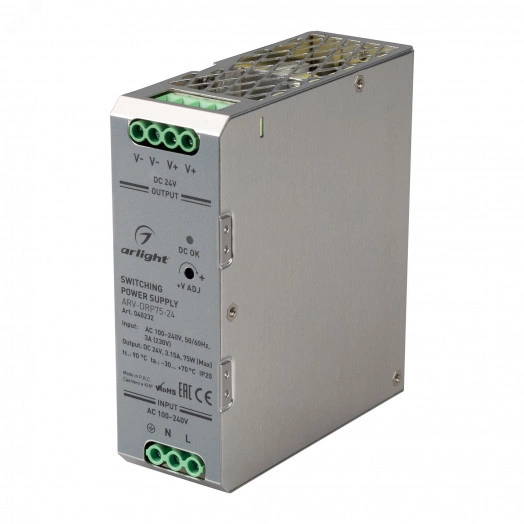Блок питания ARV-DRP75-24 (24V, 3.15A, 75W) (IP20 металл, 5 лет)
