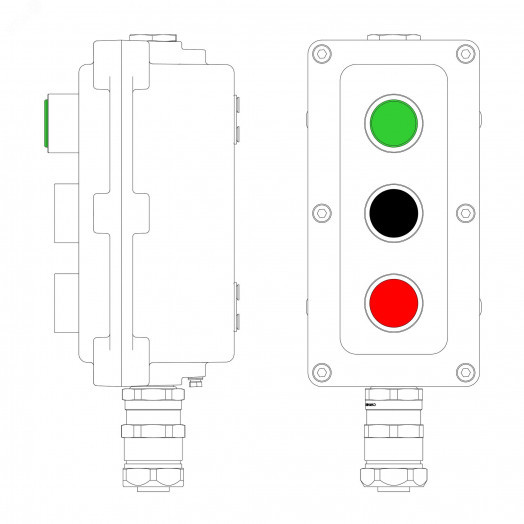 Пост управления взрывонепроницаемый из алюминия LCSD-03-B-MB-L1G(220)x1-P1B(11)x1-P1R(11)x1-PBMB-KAEPM2MHK-20