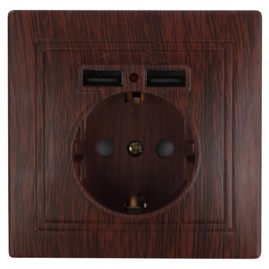 Розетка P+E Schuko со шторками, 16А-250В + 2хUSB 5В-2,1А, IP20, СУ, Plano, венге, 1-410-10