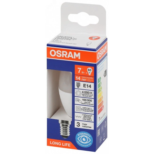 Лампа светодиодная LED 7Вт Е14 4000К 600Лм свеча 220В (замена 60Вт) OSRAM