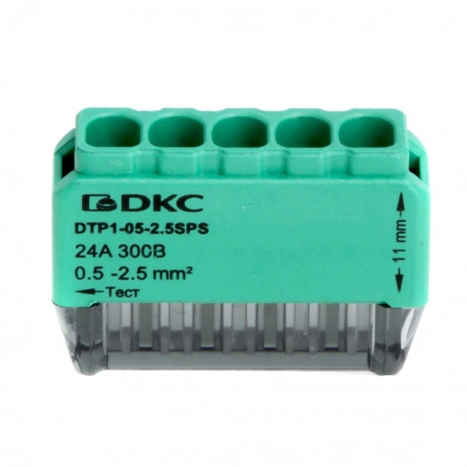 Клемма строительно-монтажная (СМК) на 5 проводника до 2.5 кв. мм. на токи до 24А (зеленая)