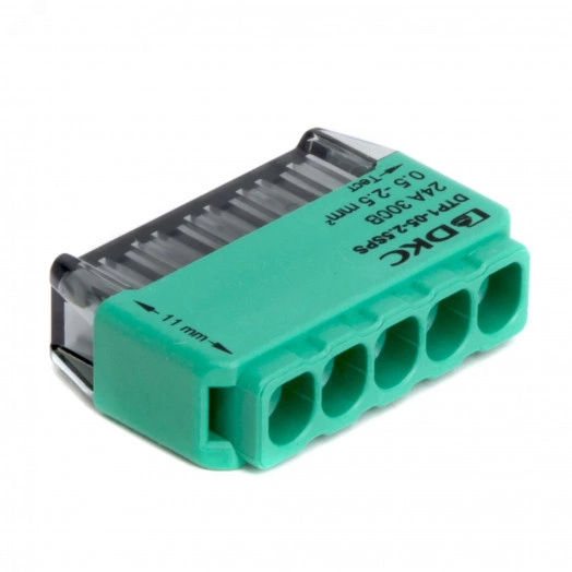 Клемма строительно-монтажная (СМК) на 5 проводника до 2.5 кв. мм. на токи до 24А (зеленая)