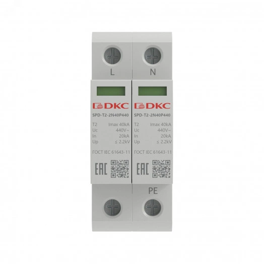 УЗИП, тип 2, 2 полюса, Imax 40kA, со сменным      модулем, Un 440V