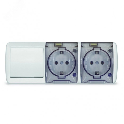 Клио блок наружный горизонтальный: выключатель одноклавишный + розетка двухпостовая с прозрачной крышкой, IP54, с/з, 16А, 220В, белый