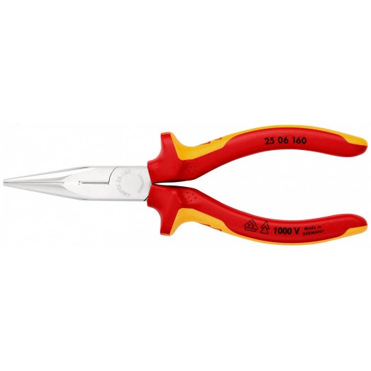 Длинногубцы с режущими кромками (плоскогубцы радиомонтажные) VDE 1000V полукруглые прямые губки резка - проволока средней твердости 25мм твердая проволока 16мм L=160мм диэлкектрические хромированные двухкомпонентные рукоятки блистер