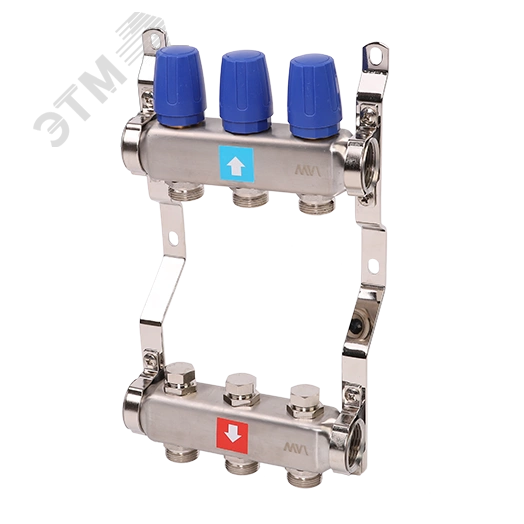 Коллекторная группа с ручными регулировочными клапанами 1' х 3 выхода 3/4' НР евроконус