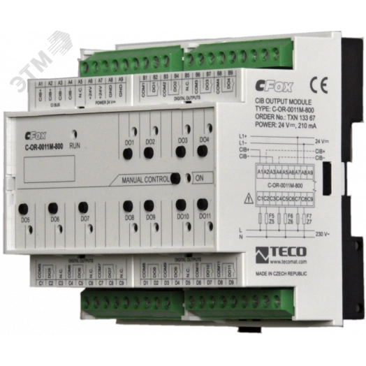 Модуль релейных выходов C-OR-0011M-800 C-OR-0011M-800: CIB, 11x RO, Нормально открытый контакт (NO contact) , 230V / 16A (пусковой ток 800А)