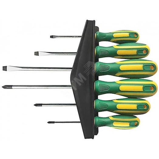 Отвертки ''Контур'', CrV сталь, прорезиненные ручки, магнитный наконечник, на держателе, набор 6 шт