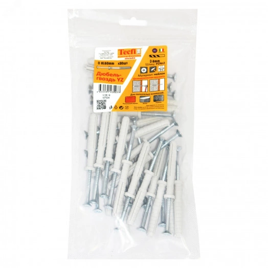 Дюбель-гвоздь YZ цилиндр. манжета нейлон 8x60 (30 шт) - пакет Tecfi