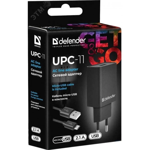 Зарядное устройство сетевое UPC-11 1xUSB, 5V/2.1А, кабель microUSB
