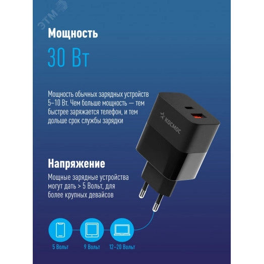 Сетевое зарядное устройство для смартфона USB TYPE-C 30ВТ