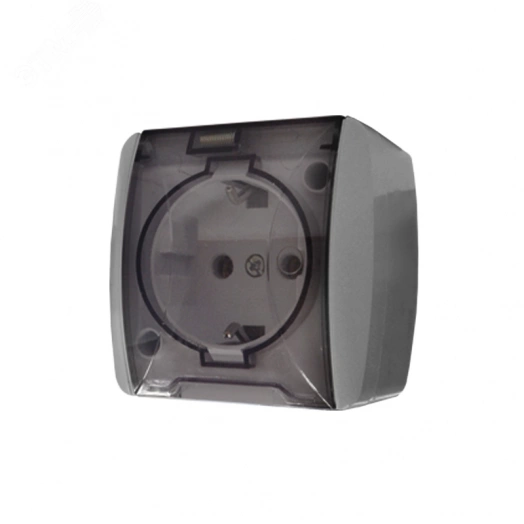 Клио розетка одноместная с прозрачной крышкой Клио, IP54, с/з, о/у, 16А, 220В, серый (еврослот)