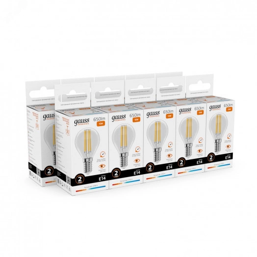 Лампа светодиодная филаментная LED 10 Вт 650 лм 2700К AC190-240В E14 шар P45 теплая Elementary Gauss