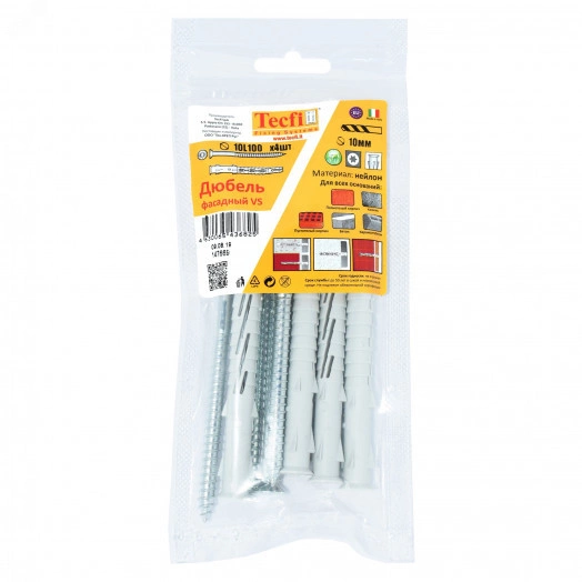 Дюбель фасадн. c шурупом потайн. гол с шлицем TORX 10x100 (4 шт) - пакет Tecfi