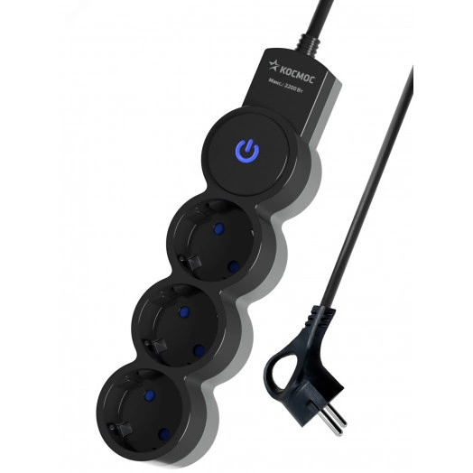 Удлинитель 1.5м, ПВС 3х0.75 3  гнезда, заземление, выключатель 10А черный