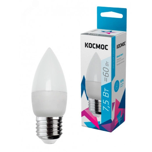Лампа светодиодная LED 7.5Вт Свеча 220В Е27 D37х100 4500К белый 600 лм