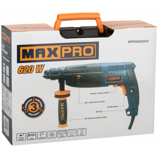 Перфоратор Монтажный 620Вт, 0-1000об/мин, 2,5Дж, 3 режима, Д/Б/М - 30/24/13, 2,8кг, SDS-PLUS, Резиновый Кабель, Антивибрационная Ручка, Резиновые вставки, Кейс