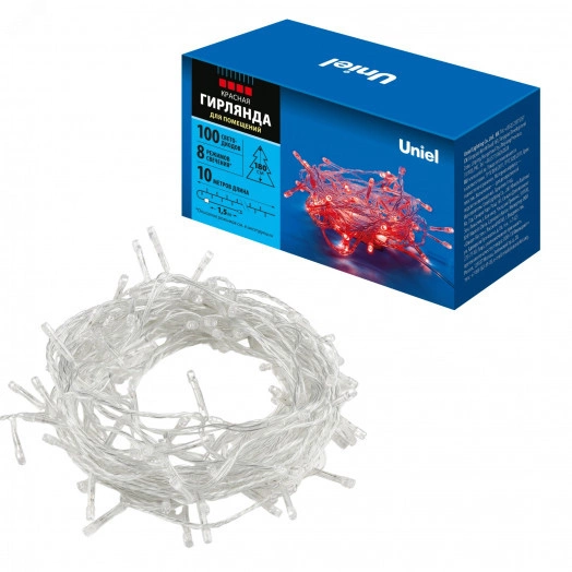 Гирлянда светодиодная 10м 100 светодиодов Красный свет Провод прозрачный ULD-S1000-100/DTA RED IP20  ТМ Uniel