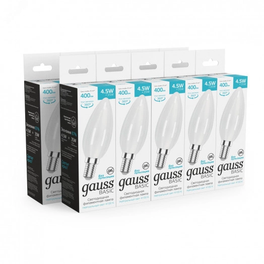 Лампа светодиодная филаментная LED 4.5 Вт 400 лм 4100К свеча нейтральный E14 AC 180-240В IP20 матовая колба Basic Gauss