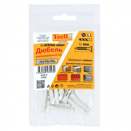 Дюбель универсальный VZ нейлон 6x32 (20 шт) - пакет Tecfi