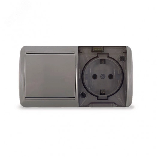 Клио блок наружный горизонтальный: выключатель одноклавишный + розетка одноместная с прозрачной крышкой, IP54, с/з, 16А, 220В, серый