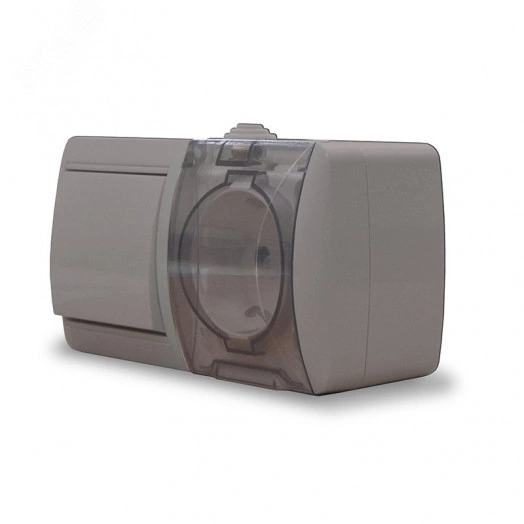 Клио блок наружный горизонтальный: выключатель одноклавишный + розетка одноместная с прозрачной крышкой, IP54, с/з, 16А, 220В, серый