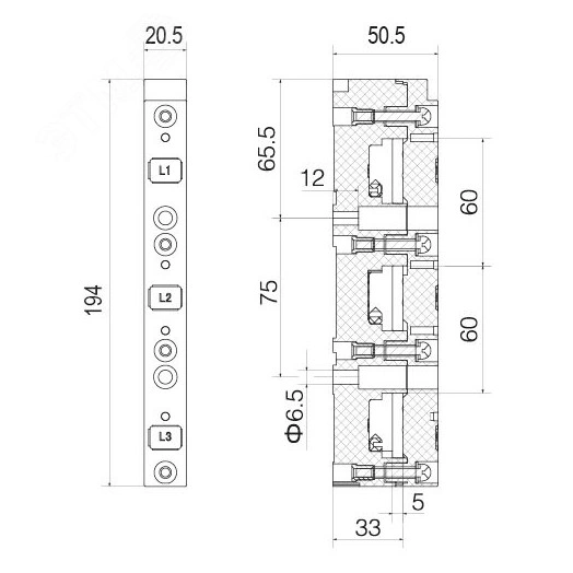 Держатель шин 12,15,20,25,30x5 3пол 60мм